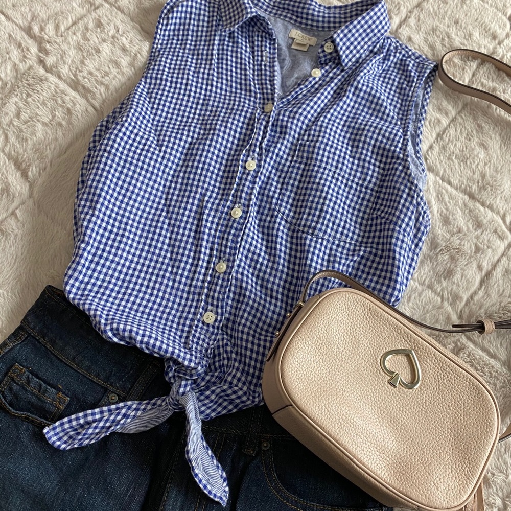 J. Crew checkered, tie front top